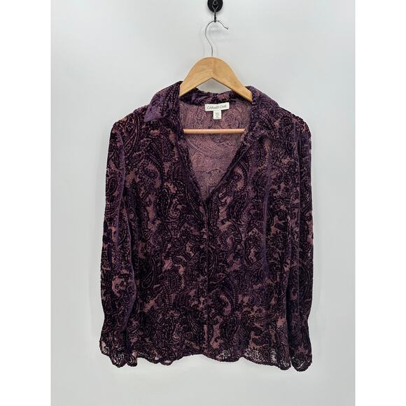 Coldwater Creek Button Front Shirt Women PL Purple Velvet Burnout Witch Fairy - Picture 1 of 7
